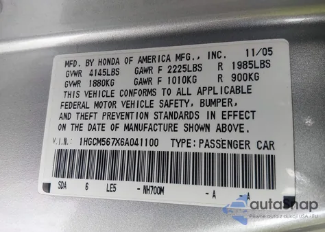 2006 Honda Accord 2.4 Ex из США, поврежденный, VIN 1HGCM567X6A041100